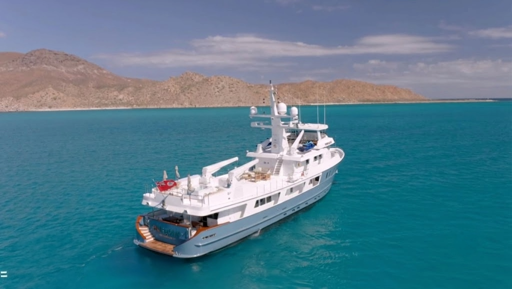 Expedition yacht anchored in the turquoise waters of the Sea of Cortez